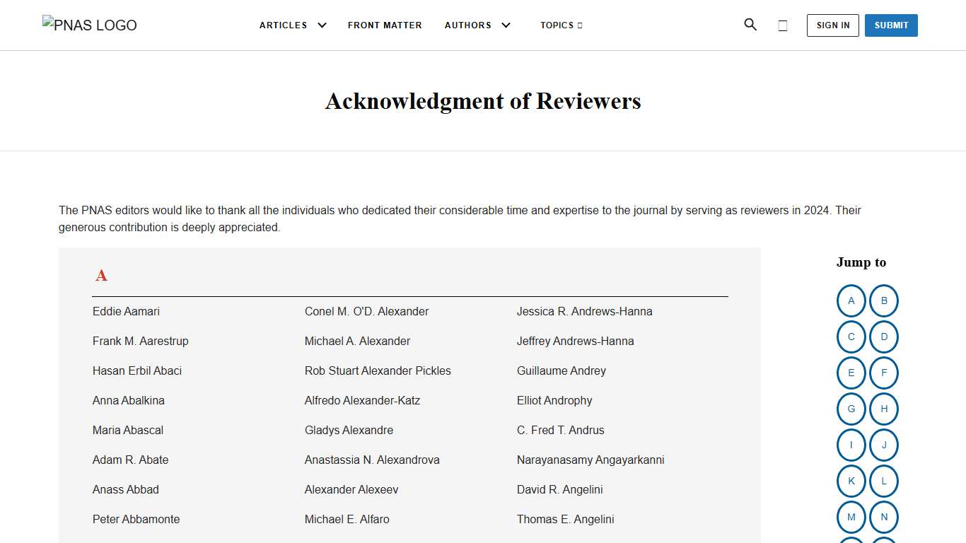 PNAS Reviewers – Acknowledgment of Reviewers