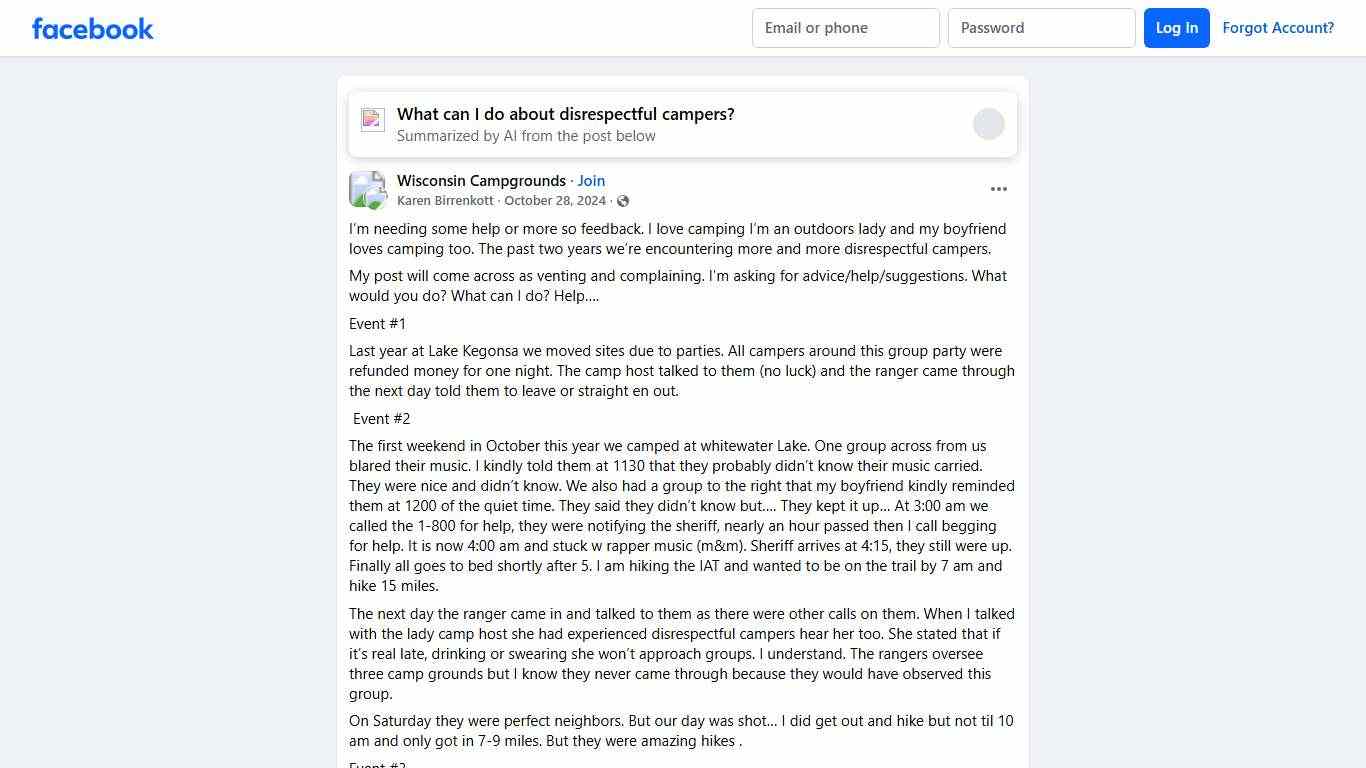 Wisconsin Campgrounds I’m needing some help or more so feedback Facebook